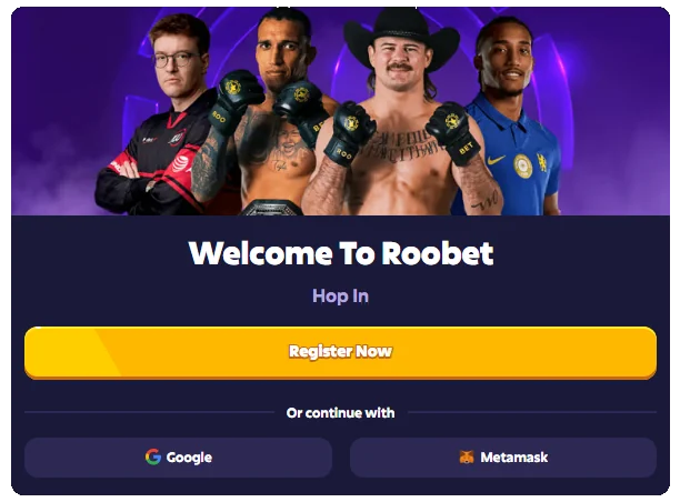 Roobet registration screen with Google and MetaMask options
